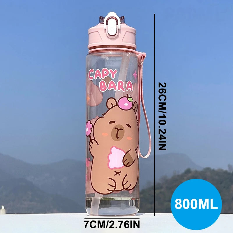 800ML Kids Water Sippy Cup Capybara Cartoon Cup with Straws Leakproof Water Bottle Outdoor Portable Children's Plastic Water Cup