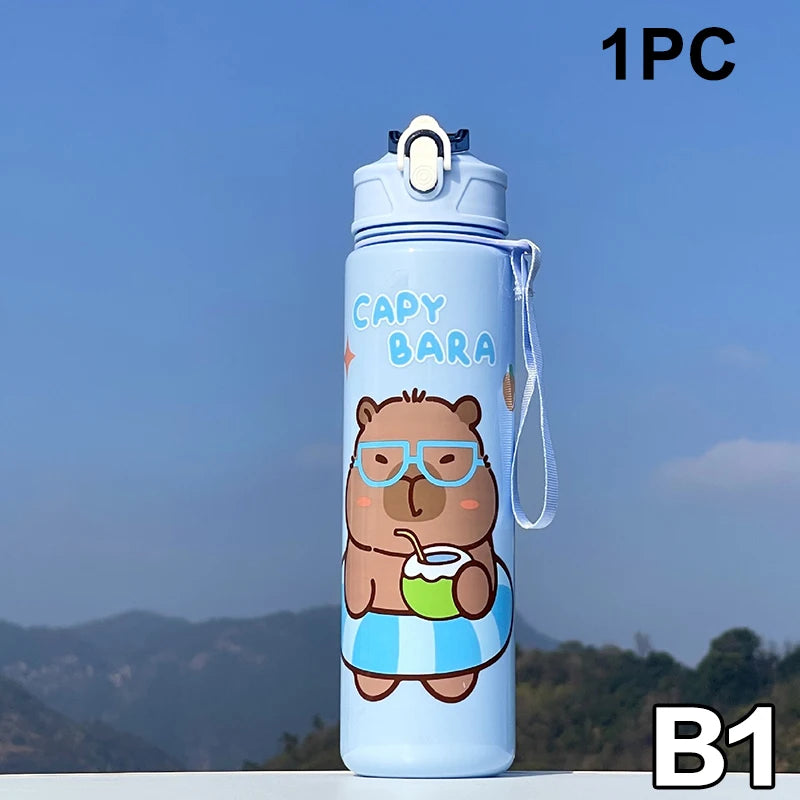 800ML Kids Water Sippy Cup Capybara Cartoon Cup with Straws Leakproof Water Bottle Outdoor Portable Children's Plastic Water Cup