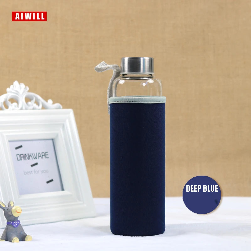 AIWILL Hot Selling Glass Sport Water Bottle With Protective Bag 280ml / 360ml / 550ml Fruit Outdoor Bike Bottles High Quality