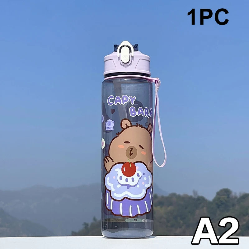 800ML Kids Water Sippy Cup Capybara Cartoon Cup with Straws Leakproof Water Bottle Outdoor Portable Children's Plastic Water Cup