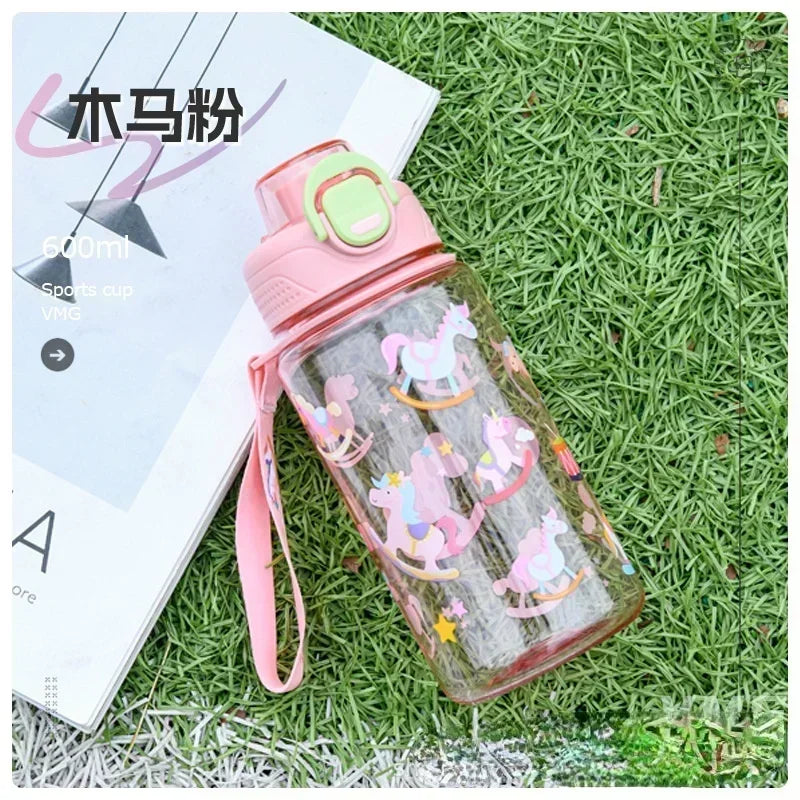 600ML Children's Water Bottle for Summer Student Drinking Bottle Plastic Sports Water Bottle Portable Anti-fall and Leak Proof