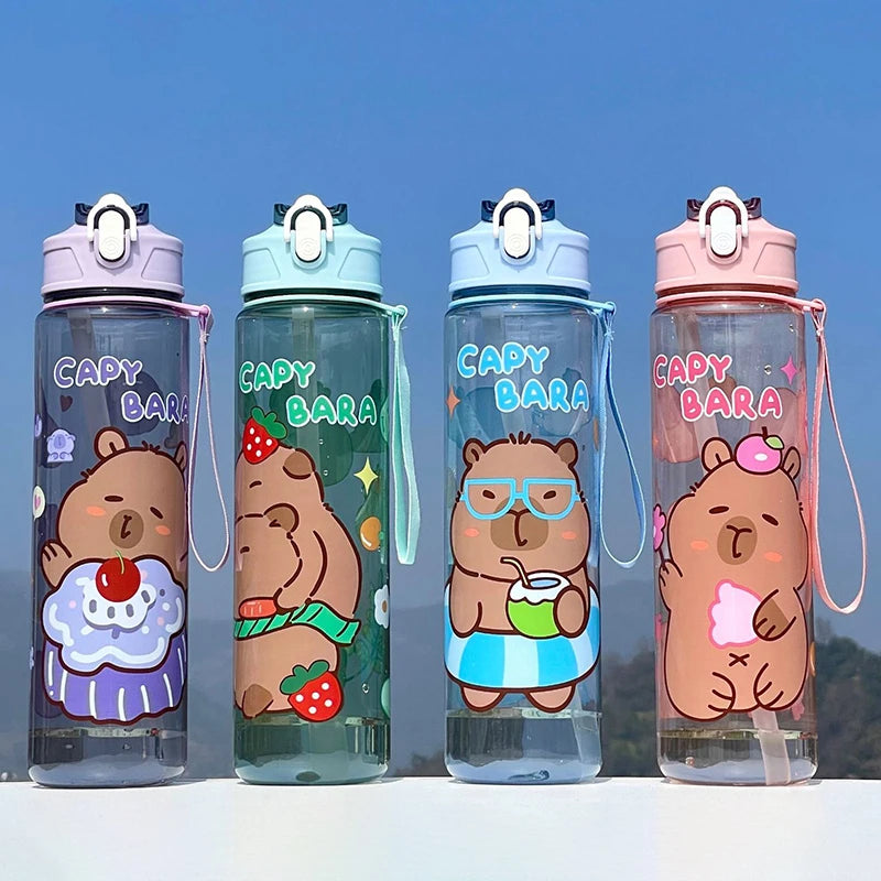 800ML Kids Water Sippy Cup Capybara Cartoon Cup with Straws Leakproof Water Bottle Outdoor Portable Children's Plastic Water Cup
