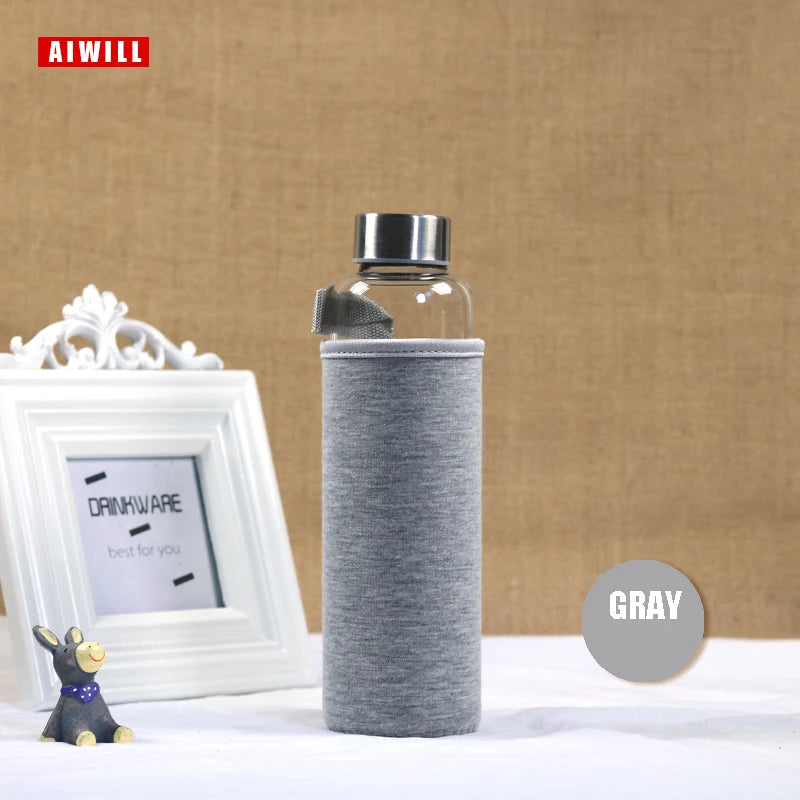 AIWILL Hot Selling Glass Sport Water Bottle With Protective Bag 280ml / 360ml / 550ml Fruit Outdoor Bike Bottles High Quality