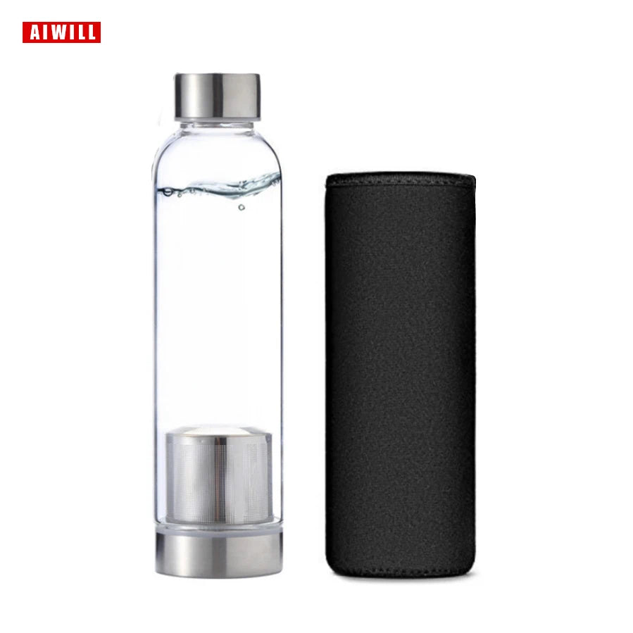 AIWILL Hot Selling Glass Sport Water Bottle With Protective Bag 280ml / 360ml / 550ml Fruit Outdoor Bike Bottles High Quality