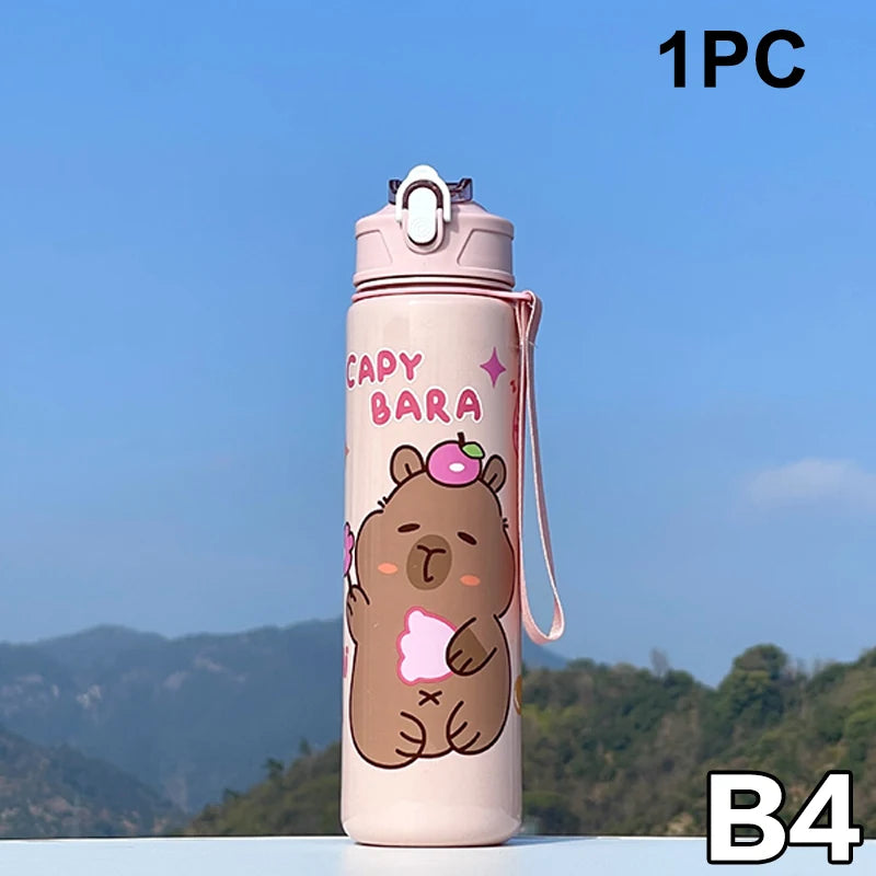 800ML Kids Water Sippy Cup Capybara Cartoon Cup with Straws Leakproof Water Bottle Outdoor Portable Children's Plastic Water Cup