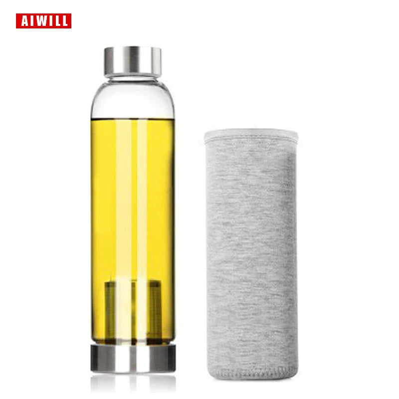AIWILL Hot Selling Glass Sport Water Bottle With Protective Bag 280ml / 360ml / 550ml Fruit Outdoor Bike Bottles High Quality