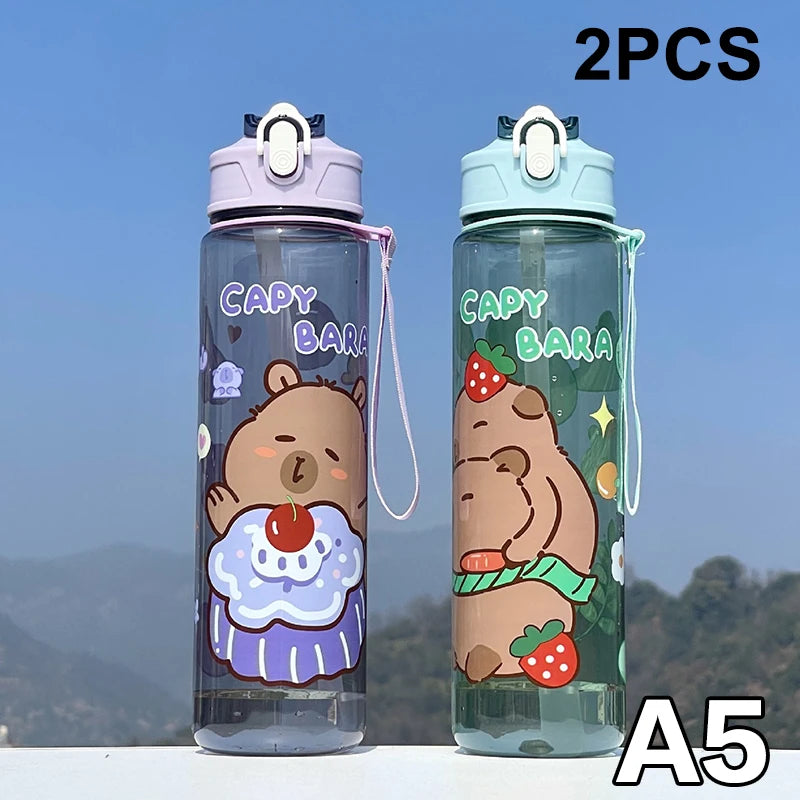 800ML Kids Water Sippy Cup Capybara Cartoon Cup with Straws Leakproof Water Bottle Outdoor Portable Children's Plastic Water Cup