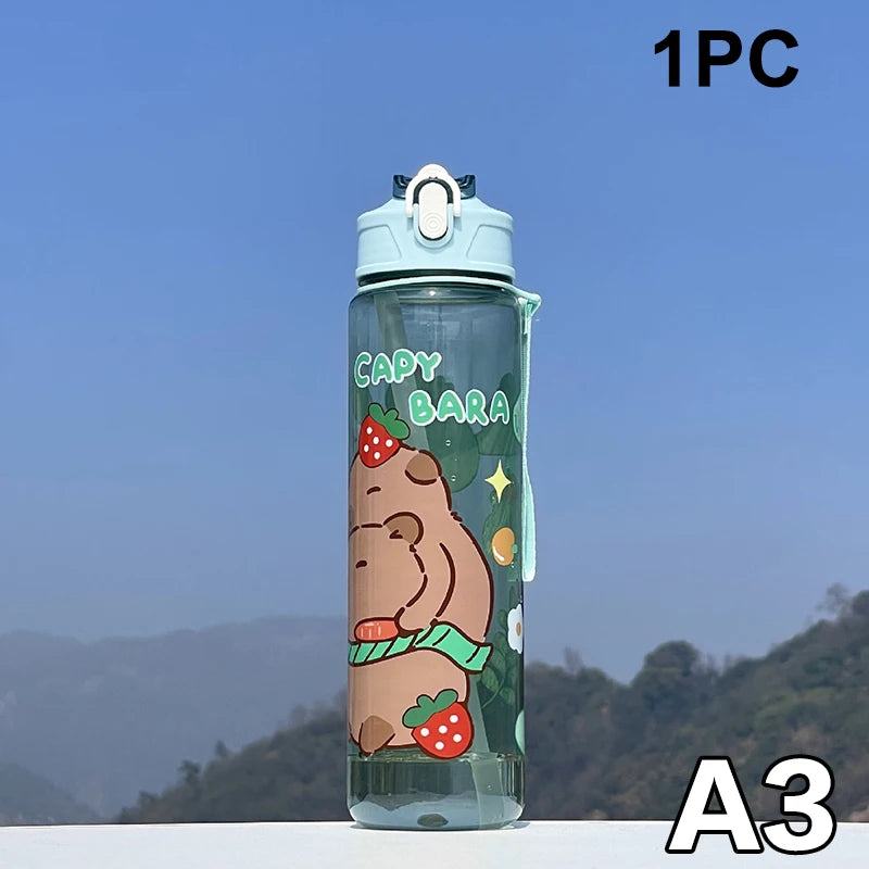 800ML Kids Water Sippy Cup Capybara Cartoon Cup with Straws Leakproof Water Bottle Outdoor Portable Children's Plastic Water Cup