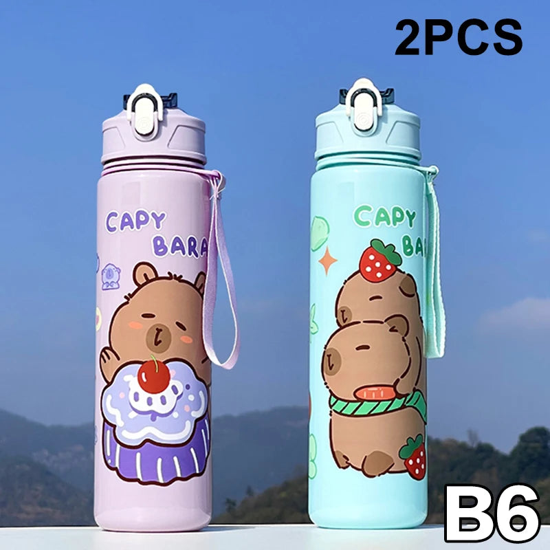 800ML Kids Water Sippy Cup Capybara Cartoon Cup with Straws Leakproof Water Bottle Outdoor Portable Children's Plastic Water Cup