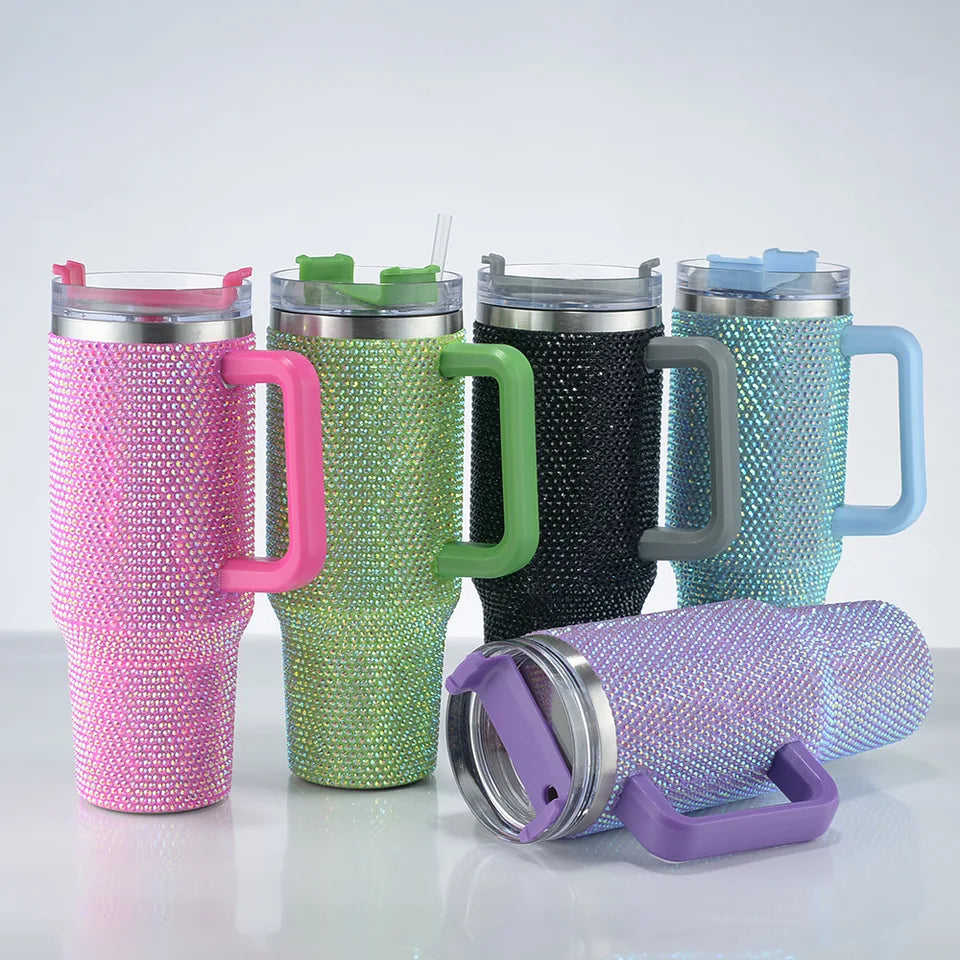 40oz Diamond Thermos Cup with Handle 304 Stainless Steel Vacuum Coffee Insulated Bottle Portable Car Flasks